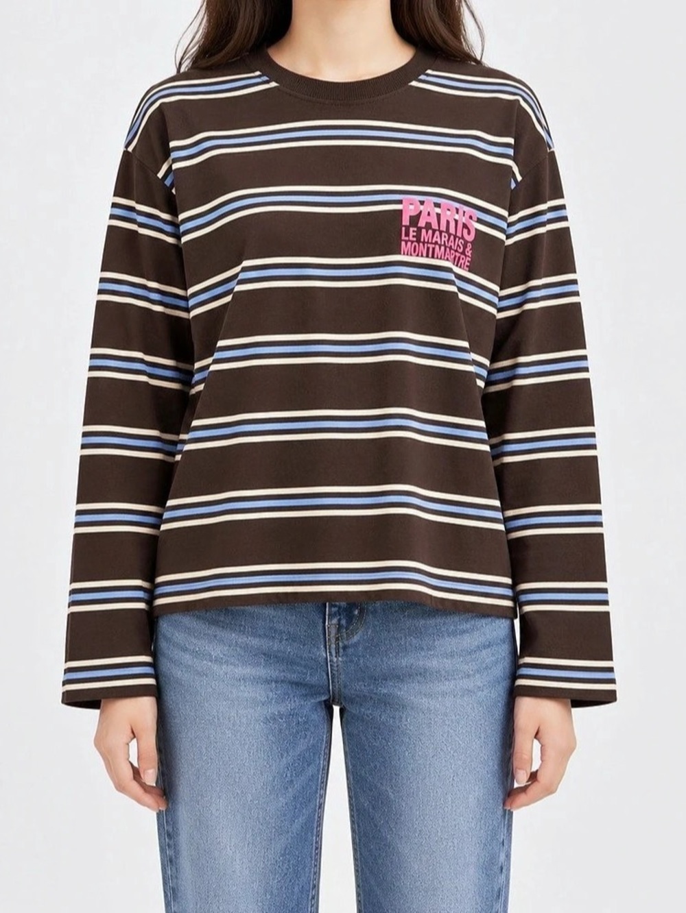 Zara Striped Long Sleeve Tee in Brown & Pink